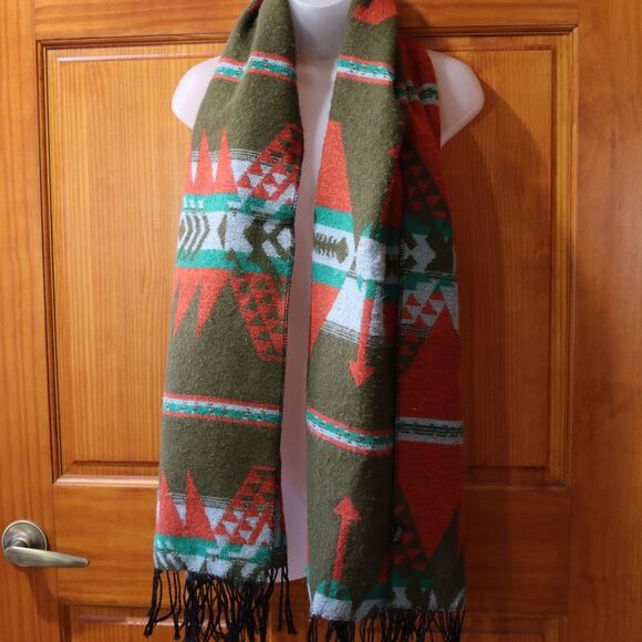 Urban Outfitters Oversized Southwestern Scarf | Olive & Rust Aztec Pattern - Picture 3 of 13